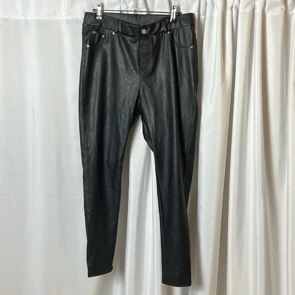 TAGOO Black Faux Leather Women’s Large High Waist Skinny Moto Stretch Pants